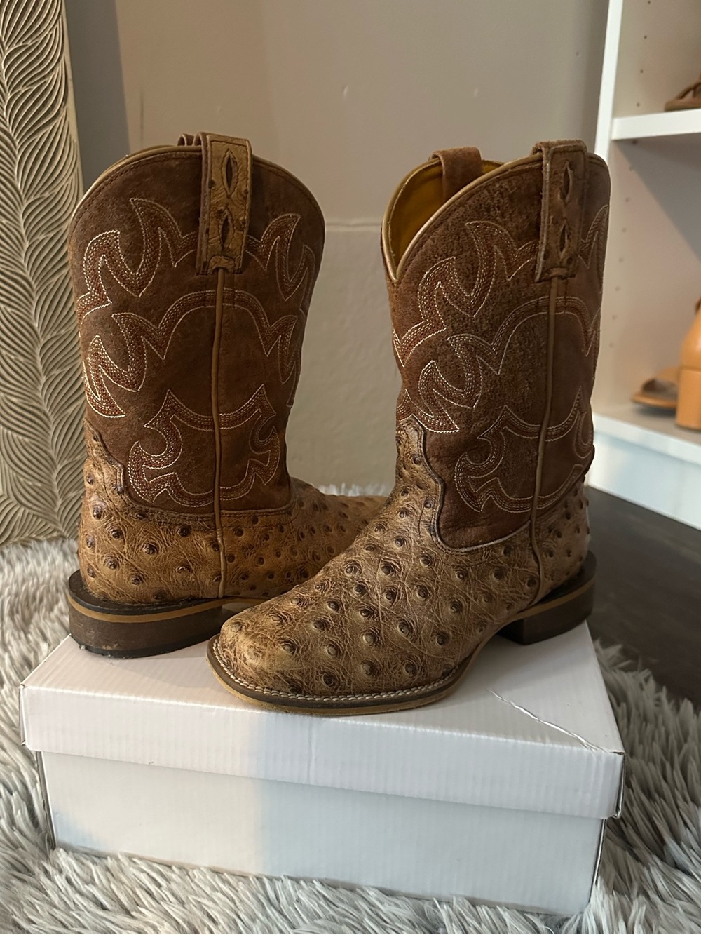 Kids Brown Ostrich-Texture Western Cowboy Boots